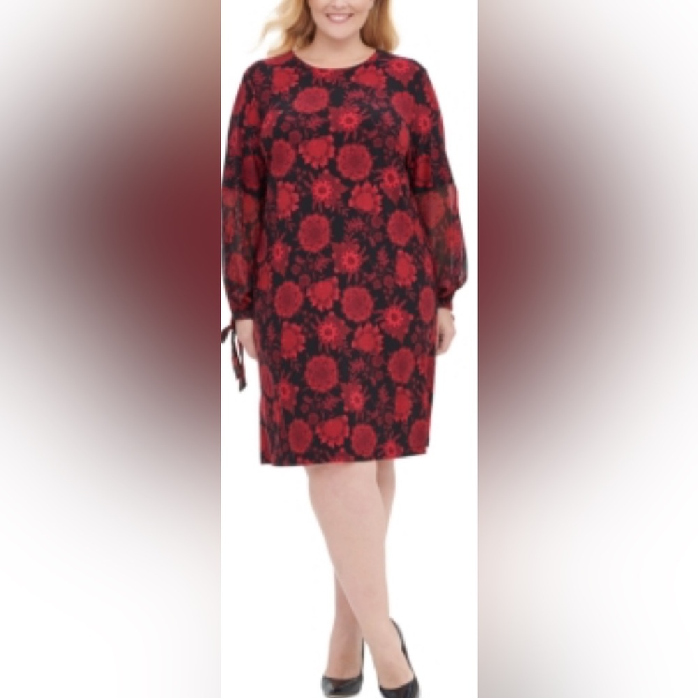 Tommy Hilfiger Size 18W Red & Black Floral Print Chiffon Tie Sleeve Shift Dress